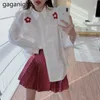 Kawaii Women Two Pieces Set Flower White Long Sleeve Shirt Red Sweet Mini Short Skirt Spring Outfits Drop 210601