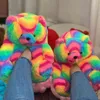 Frauen Winter Schöne Cartoon Teddybär Baumwolle Hausschuhe Regenbogen Bunte Warme Rutschen Nette Bär Indoor Schuhe Faux Pelz Rutschen Mädchen h1115