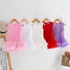 Katoen baby meisjes sling jurk met ruches rosset kant onesie tutu voor 1Y verjaardag baby peuters kleding outfit 210529