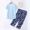 Pijama azul para mulheres gato bonito impresso de malha algodão de algodão 2 pcs conjunto plus tamanho 3xl manga curta lounge verão fino t13810a 210421