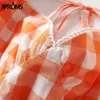 Aproms Elegant Orange Plaid Long Maxi Cotton Dress Women 2021 Summer Backless Tie Up Basic A-line Dresses High Fashion Sundress Y0726