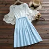 Japanese Embroidery Summer Dress Women Fake Two Pieces Short Sleeve Cotton Blue Pink Dresses Peter Pan Collar Bowknot Vestidos 210520