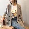 Koreanischen Stil Chic Plaid Blazer Frauen Büro Tragen Lange Hülse Weibliche Jacke Vintage Lose Taschen Zweireiher Mantel 210515