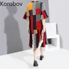 コロバフ原宿ヒットカラーパッチワークの女性ドレスファッションoネックフレア半袖プリントドレスサマーストリートウェアヴェスティドMujer 210430