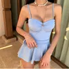 One-Piece Suits Korea Style One Piece Swimsuit Women Solid Swimwear Push Up Monokini Skirted Swim Suit Two Sets Trikini Pad Bathing Pleated