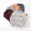 Vårhöst vinter 2 3 4 6 8 10 år Cartoon High Neck Pullover Basic Turtleneck Striped Soft T-shirt för barn Baby Boy 210625