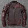 Vintage Style Mens Cowhide Kläder Biker Äkta Läderjacka Mode Brown Leather Slim Coat Män 211222