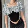 T-shirt da donna Thorn Tree Plaid Print Patchwork T-shirt Crop Top Y2K Streetwear 2022 Sexy Women Short Puff Sleeve Side Chain Lace-up