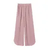 Två styck set kvinnor glänsande lapel skjorta topp och långa byxor casual ärm blusar + bred ben rosa pajama kostym 210430