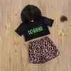 1-5 anni moda estiva capretto bambini vestiti per ragazza set lettera top con cappuccio pantaloncini leopardati abiti costumi neri 210515
