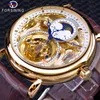 Orologio Forsining di lusso in oro bianco con display in pelle marrone, fasi lunari, moda, scheletro a mano blu, orologi meccanici automatici da uomo impermeabili