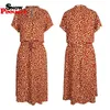 Leopard Sukienka Kobiety Długa Bawełna Luźny Krótki Rękaw Głęboki V-Neck A-Line Sexy Party Vestidos de Fiesta 210524