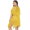 Plus Size Knitted Crochet Beach Dresses and Tunics Yellow Hollow Out Swim Suit Cover Up V-neck Irregular Beachwear Red 14 Colors 210629