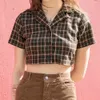 Dames Streetwear Turn Down Blouse Fashion Center Buttons Crop Top Tartan Cropped Fitted Blouse Harajuku Ropa Mujer 210520