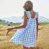 Spaghetti Strap Dress Women Square Collar Sleeveless Ruffles Sling Plaid Dress For Women Blackless Summer Mini Dress 210521