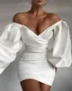 Femmes Sexy Mode À Manches Longues Hors De L'épaule Robe De Soirée Élégante Célébrité Satin Blanc De Bal Cocktail Moulante 210527