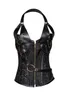 Women's Black Lingerie Sexy Halterneck Corset Gothic Steampunk Leather Corselet With G String 8908