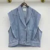[EWQ] Корея шикарный летний повседневный отворотный отворотный отварки свободный синий жилет без рукавов куртка женская летняя синяя модная женская одежда 16E 210817