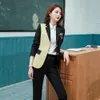 最新の韓国のデザインの女性のパンツのスーツのスーツのカレッジスタイルのジャケットブレザーとズボンの2ピースセットの先生の仕事を着用する210930
