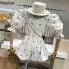 NEPLOE FEMME ROUPAS 2 Piece Set Women Square Collar Puff Sleeve Crop Tops Stretch Waist Wide Leg Shorts Korean Chic Casual Suit 210422
