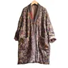 Johnature Women Vintage Print Blommor Parkas Bomull Linne Coats Knapp V-Neck Långärmad Vinter Varma Kvinnliga Långa Coats 210916