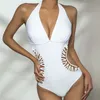 White Swimsuit Mulheres Swimwear Deep V Monokini Bodysuit Bathless Bathing Terno Beach Wear High Cut Swim 210702