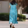 Johnature Women Chinese Style Summer Dresses Ramie Kortärmad Cheongsam Vintage HiHG Kvalitet A-Line Stand Dresses 210521