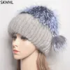 Fashion Silver Fox Hat Women Winter Warm Knit Real Mink Fur Caps Vertical Weaving With On The Top