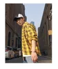 Ledingsen Brand Men Shird Casuare Cotton Roose Lose Lengeve Lengeve Yellow Plaid for Camiseta Hombre Streetwear Size 2XL260I