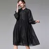 Solid Plus Size Pleated Dresses Autumn A Line Flash Chiffon Drilling Lace-up Dress Women 210615