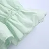 Lato Kobiety Bluzka Zielona Cutwork Haft Przycięta Kobieta Krótki Rękaw Puff Wzburzyć Elastyczne Damskie Topy 210520