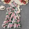 Neploe Holiday Bohemian Print Dress Women High Waist Hip Sashes Asymmetrical Vestidos Summer Long Sleeve Robe Mujer 210510