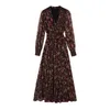 Autumn V-neck Vintage Floral Print Dresses Women's High Waist Full Sleeve Chiffon Female A-line Lace Up Dress Vestidos 210423