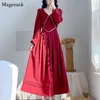 Vinatge Puff Sleeve Pleated V-neck Long Dress Women Elegant Party Club Red Female A-line Midi Casual es Vestido 12911 210512