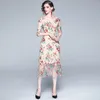 女性の夏のレトロな花の刺繍レースのドレスレディースの気質oネック3四半期袖ミッドカーフシースドレス210514