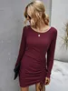 Cotone increspato con cordoncino sexy abito da partito donna manica lunga elastico slim mini abito vintage bodycon dress solido skinny vestidos 210521