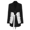 Spring Suit Collar Splice Hit Color Pocket Blazer Women Vintage Slim Lace-up Temperament Wild Coat Tide PD451 210421