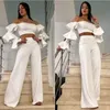 Conjuntos de pantalones para mujer Slash Neck Crop Top Cintura alta suelta Casual Pantalones de pierna ancha Sexy Dos piezas Tallas grandes Trajes de 2 piezas 210524