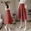 MIDI Etek Kadın Katı Renk Düğmeleri Yüksek Bel Vintage Harajuku Zarif Maxi Uzun Bir Çizgi Etekler Moda Giysileri 210506