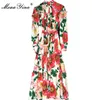 Moda Tasarımcısı Elbise Yaz kadın Elbise Uzun Kollu Kamelya Çiçek Baskı Dantel-Up Tatil Elbiseler 210524
