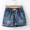 Летние женские шорты литература литература делают старую цветочную вышивку эластичные талии сплошные цветные карманы Drawstring Jeans Short 210724