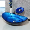 Monite Blue Country Washbasin Countertop Закаленное стекло Бассейн раковины кран-комплект Латунный водопад Faucet Washer County Canity Bar Bar