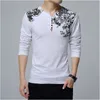 Autumn Fashion Floral Print Men T-shirt Henry Collar Button Decorate Long Sleeve for Tops Plus Size 5XL 220309