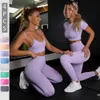 4PCS Seamles Sport Set Femmes Violet Deux 2 Pièce Crop Top T-shirt Soutien-Gorge Legging Sportsuit Workout Outfit Fitness Wear Yoga Gym Sets 210813