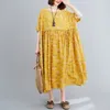 Johnature Women Yellow Print Blommiga Klänningar O-Neck Half Sleeve Hög midja Robes Höst Bomull Blanda Koreansk stil Klänning 210521