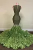 Sparkly Sequins Olive Green Mermaid African Prom Dresses Black Girls Jewel Neck Illusion Long Graduation Dress Plus Size Formal Se237t