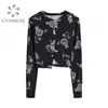 Zwarte Lange Mouw grafische Tees Dames Floral Print Single Breasted O Neck Vintage Korte T-shirt Dame Stretchy Slanke Sexy Crop Top 210515