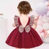 2021 Newborn Dress 1st Birthday Dress For Baby Girl Clothes Bow Princess Baptism Dresses Sequin Party Dress Evening Backless G1129