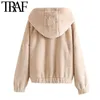 TRAF mujeres moda Faux Fur Teddy sudaderas con capucha sueltas Vintage manga larga bolsillos mujer pulóveres Chic Tops 210415