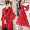 Yosimi Red Chiffon Long女性のドレス夏のマキシヴィンテージ足首長さの蝶の袖のイブニングパーティー女性vestidosエレガント210604